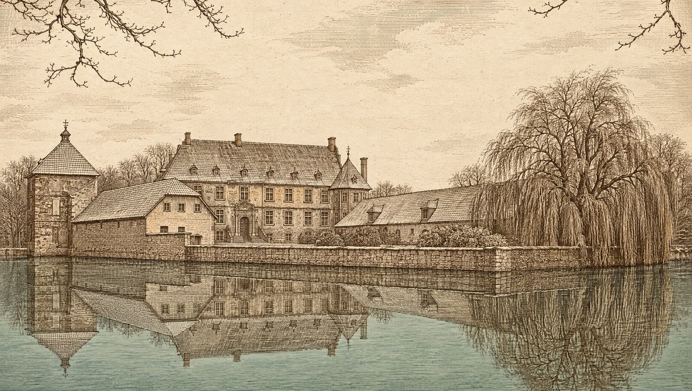Wasserschloss Tatenhausen seen from the south across the moat, drawn in the style of an old copperplate engraving: the pavilion tower on the left, the three-storey manor house in the centre, the long side wing and a weeping willow on the right; the castle is reflected in the water.
