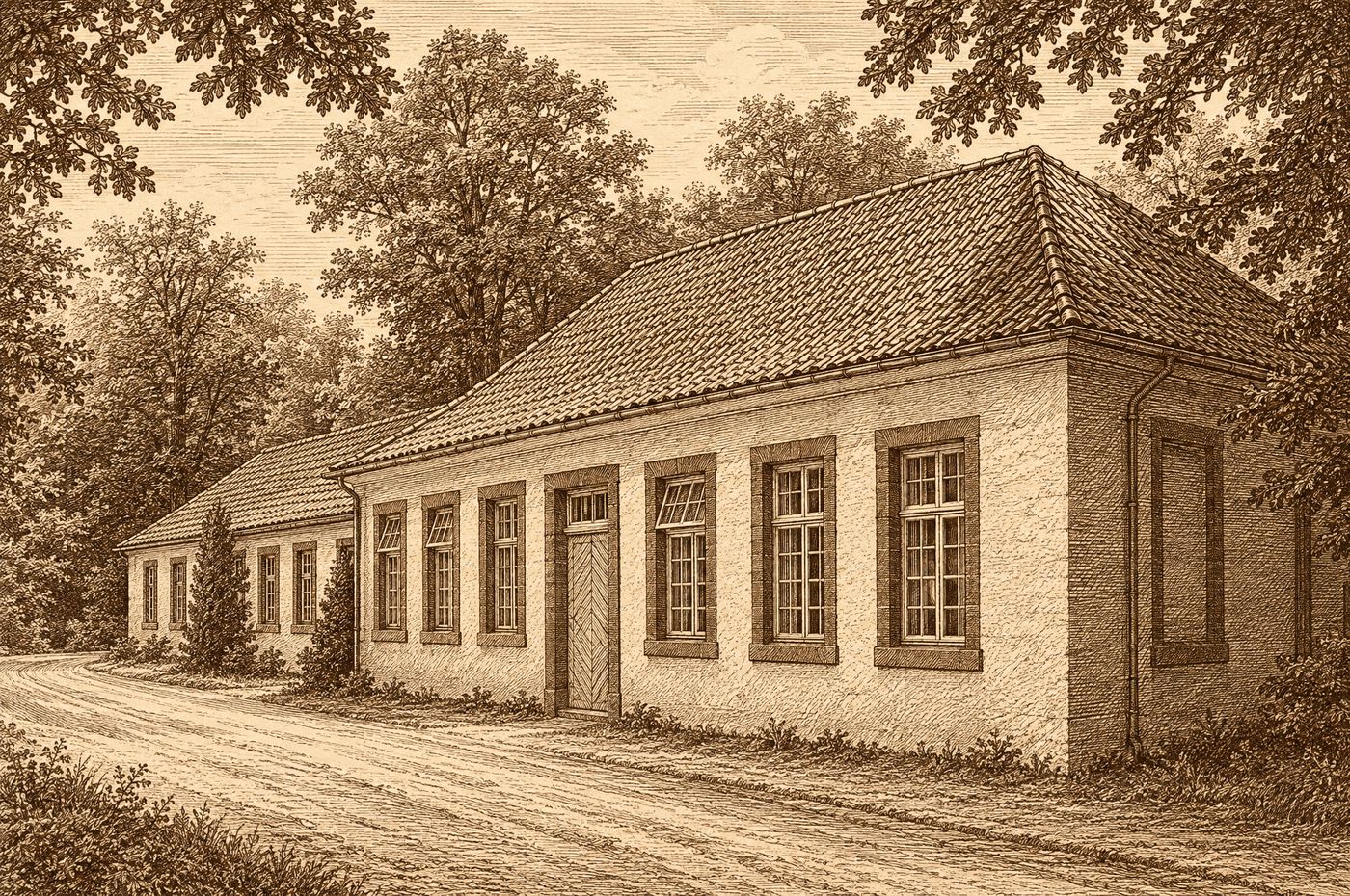 Engraving-style drawing of the long, single-storey bathhouse with a hipped roof and sandstone surrounds on the windows and doors.