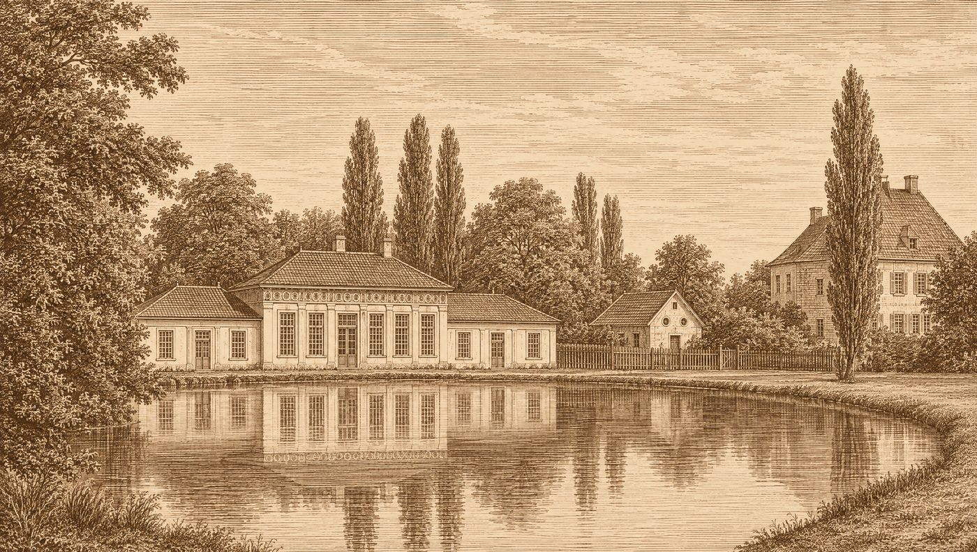Engraving-style drawing: the bathhouse around 1830, a long, low building with a hipped roof over the centre and two side wings, with a pond and its reflection in front; on the right an outbuilding behind a fence and a large house behind a poplar.