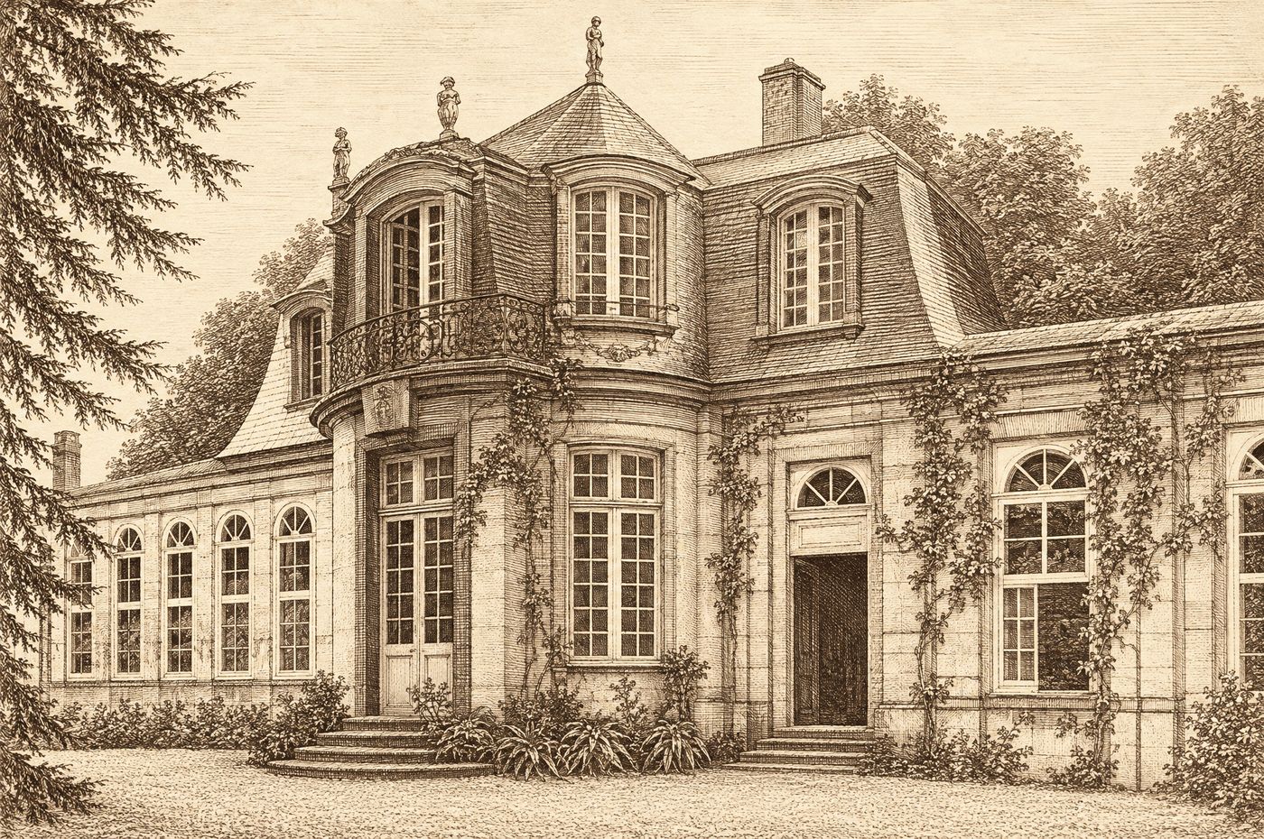 Kupferstich-Zeichnung der Orangerie: zweigeschossiger Mittelpavillon mit geschwungenem Vorbau, Mansarddach, Balkon und Figuren, links ein niedriger Flügel mit Rundbogenfenstern.