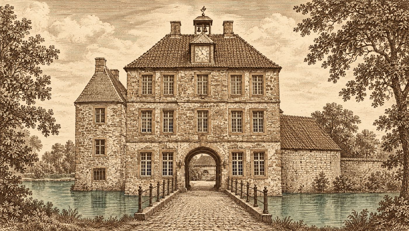 Kupferstich-Zeichnung des dreigeschossigen Torhauses aus Bruchstein mit Torbogen, Brücke über die Gräfte und Zeltdach mit Uhr und Glockenlaterne.