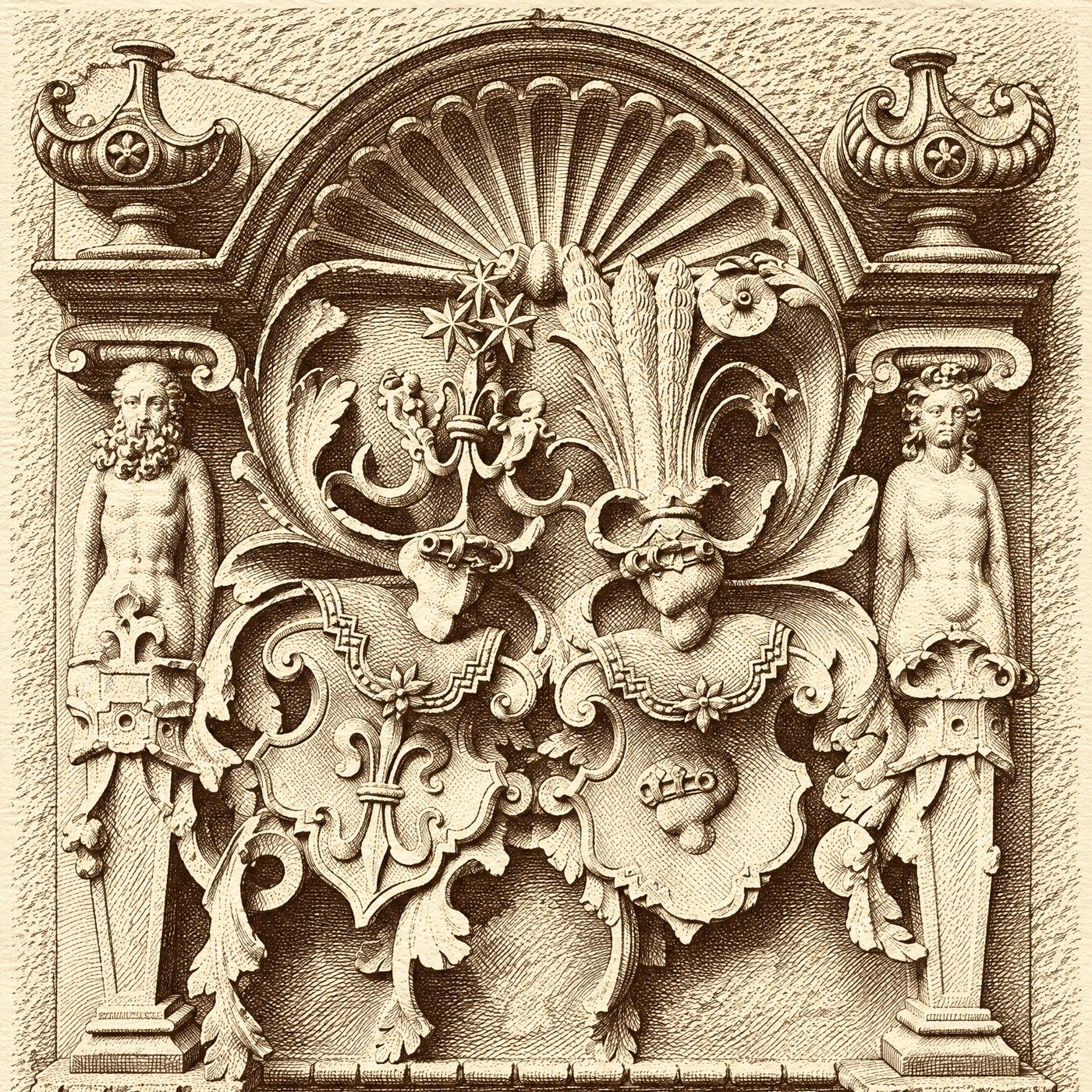 Kupferstich-Zeichnung der Wappentafel am Treppenturm: zwei Wappen nebeneinander in einer Muschelnische, gerahmt von zwei Karyatiden, darunter die Inschrift ANNO DNI 1540.